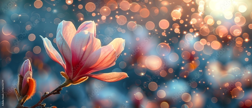 Wall mural Stunning magnolia flower on fantasy blue background with glowing bokeh, new spring fairy tale floral garden, magnificent magnificent nature at its best.