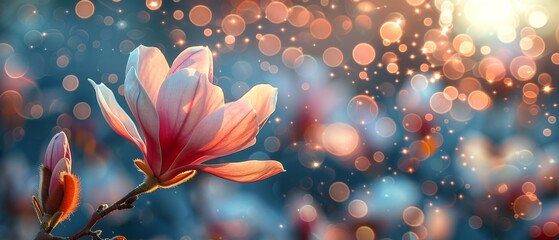 Stunning magnolia flower on fantasy blue background with glowing bokeh, new spring fairy tale floral garden, magnificent magnificent nature at its best. - obrazy, fototapety, plakaty