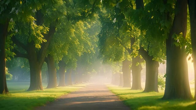 A foggy dirt road meanders through a forest of tall trees on a gray day, creating a moody atmosphere, An ash tree avenue twinkling in the soft morning light in a park, AI Generated
