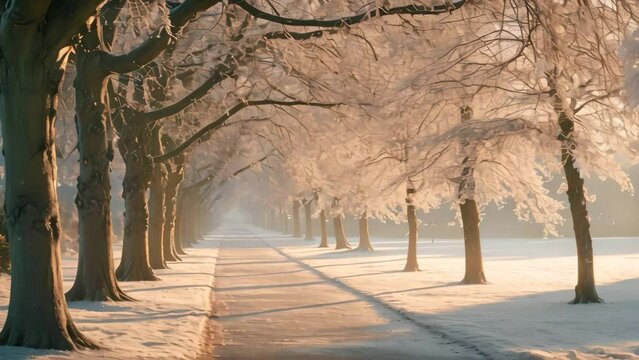 A row of trees stands tall in the midst of a snow-covered field, An ash tree avenue twinkling in the soft morning light in a park, AI Generated