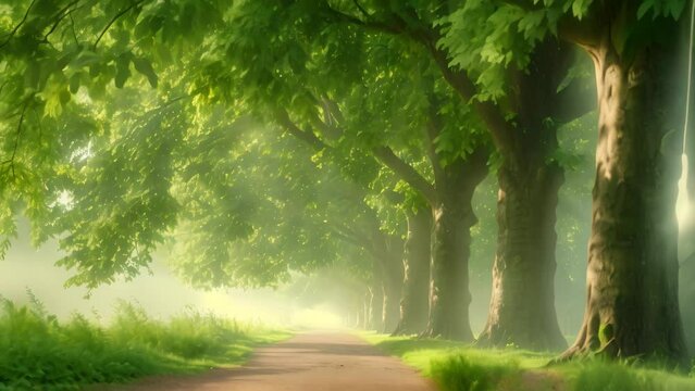 A foggy day envelopes a dirt road, winding through a dense forest of trees, An ash tree avenue twinkling in the soft morning light in a park, AI Generated