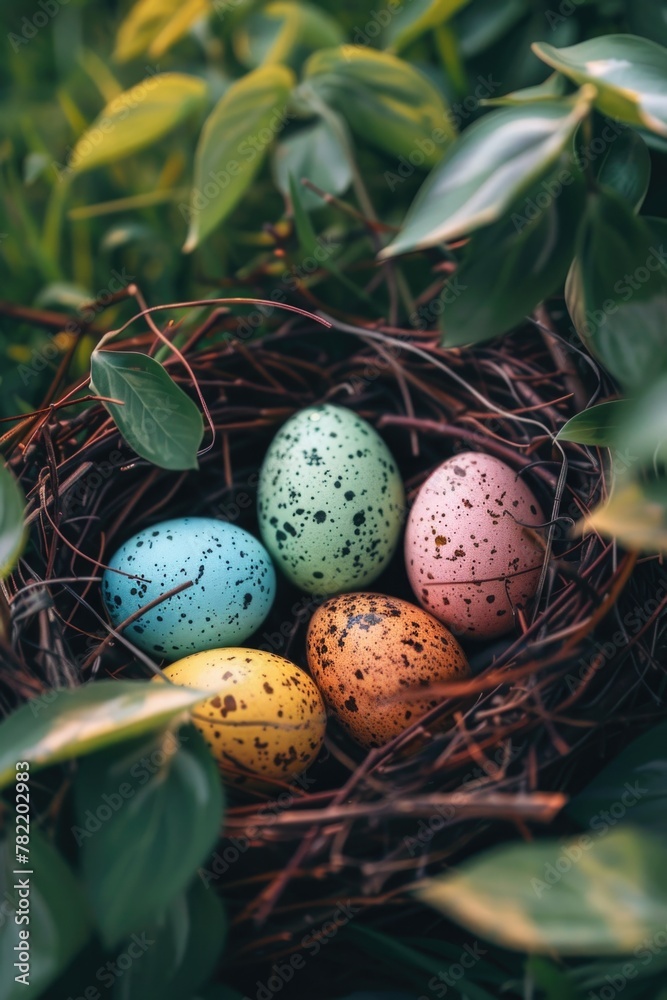 Canvas Prints Four eggs in a nest on a tree. Suitable for nature and wildlife themes