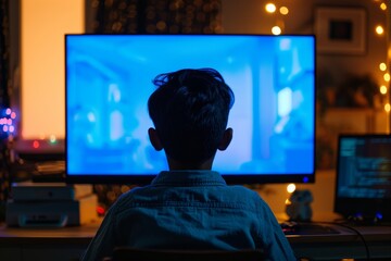 Ui mockup through a shoulder view of a teen boy in front of a computer with a fully blue screen