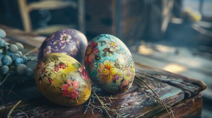 Colorful painted eggs displayed on rustic wooden table. Perfect for Easter or spring themed designs