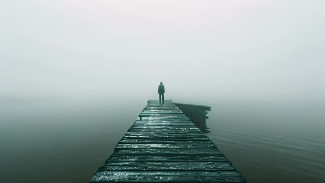 A person stands alone on a wooden dock in the center of a wide lake with calm water, An eerie apparition standing at the end of a foggy pier, AI Generated