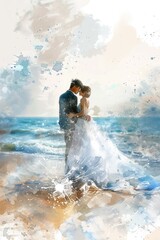 A beautiful painting of a bride and groom on the beach. Perfect for wedding invitations or beach-themed decor