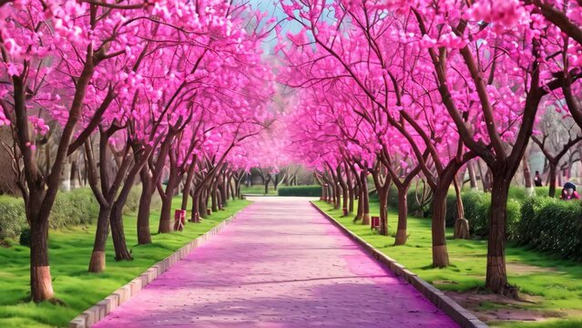A pathway leading through a park adorned with a row of vibrant pink trees, An elegant alley of plum trees in full bloom within a pristine park, AI Generated