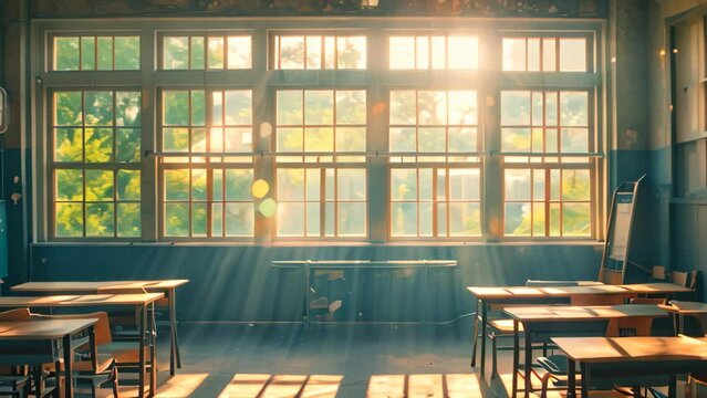A well-lit classroom filled with numerous desks and abundant natural light streaming in through the large windows, An empty classroom with sunlight streaming through the windows, AI Generated