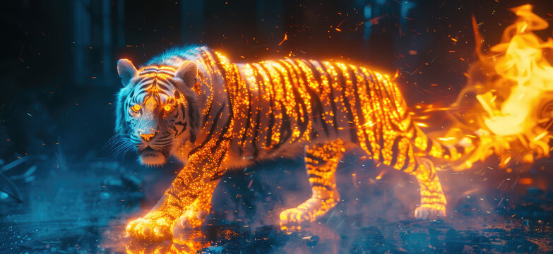 an orange tiger made out light and glowing fire, neon lights, cinematic lighting
