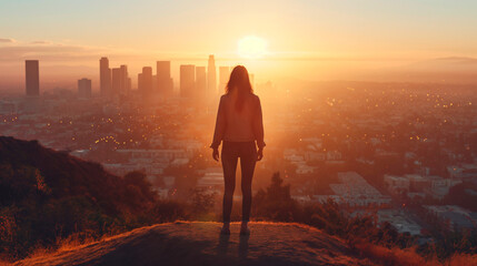 Fototapeta premium Silhouette of a woman overlooking city skyline at sunset. Concept of motivational articles, travel blogs, lifestyle magazines, and for promoting mental wellness
