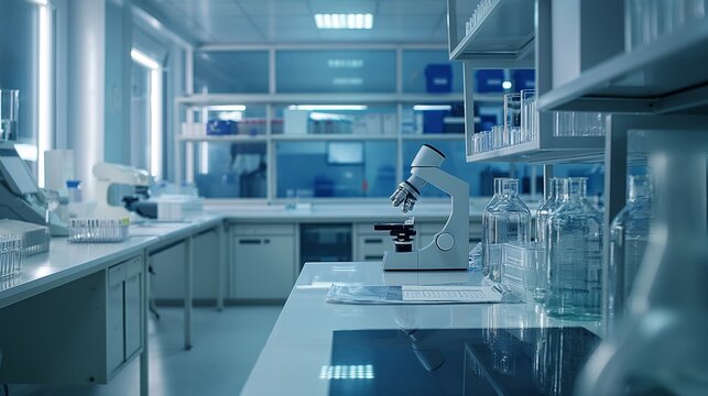 Science Instruments And A Microscope At The Microbiology lab. 