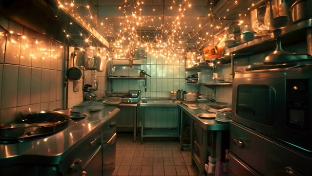A well-lit kitchen featuring numerous lights suspended from the ceiling, illuminating the space, An empty restaurant kitchen touched by the magic of fairy lights, AI Generated