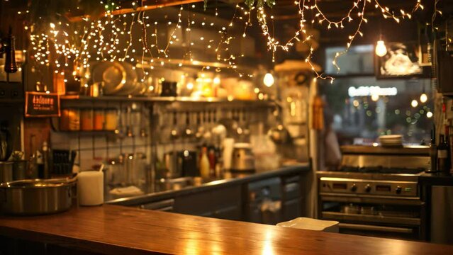 Brightly Lit Kitchen With Numerous Hanging Lights, An empty restaurant kitchen touched by the magic of fairy lights, AI Generated