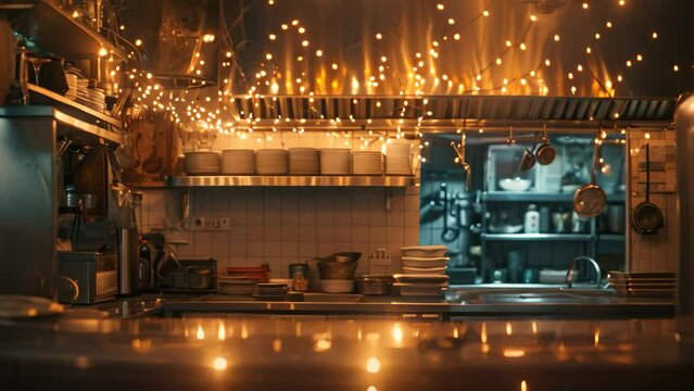 A well-lit kitchen features multiple lights hanging from the ceiling, illuminating the room, An empty restaurant kitchen touched by the magic of fairy lights, AI Generated