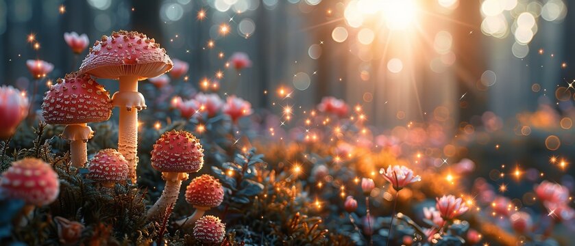 Luminous pink rose flowers in an enchanted elf forest with shining glowing stars and morning sun rays on a mysterious background.