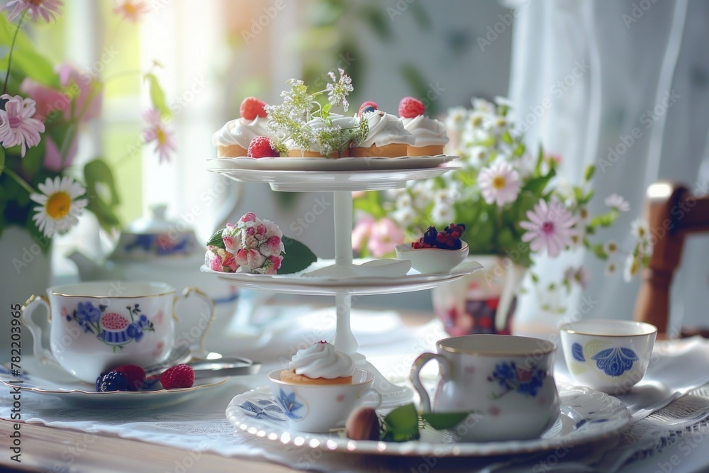 Poster A table topped with three tiered plates filled with cupcakes. Perfect for bakery or celebration concepts