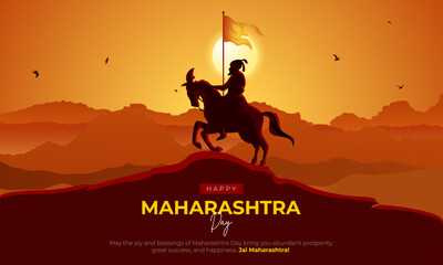 Happy Maharashtra Day Banner and Greeting Card Design. Minimal and Modern Maharashtra Diwas Background with Shivaji Maharaj and Text Vector Illustration