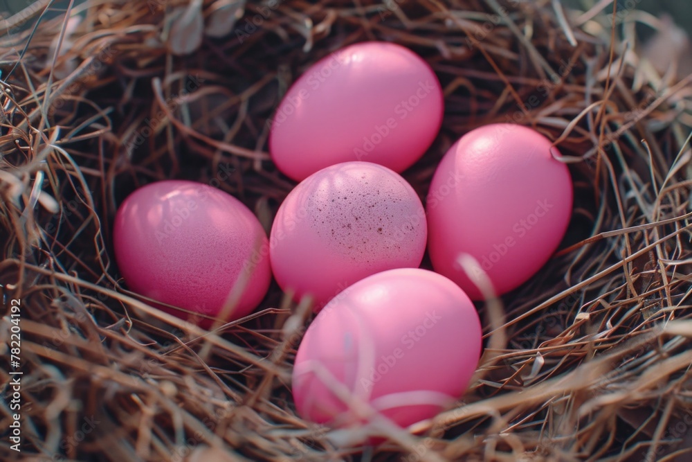 Poster four pink eggs resting in a nest of straw. suitable for easter or spring-themed designs