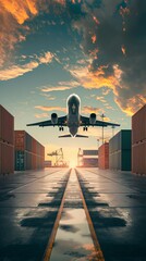 Above a container yard in a container terminal port, an aircraft flies with a vertical mobile wallpaper background.