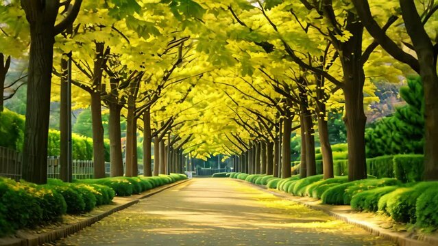 A street lined with an abundance of yellow trees creates a vibrant and colorful scene, An enchanting venue with a pathway lined with ginkgo trees in a park, AI Generated