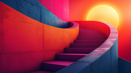 A vibrant staircase ascending towards a glowing sun, casting a spectrum of hues in a dance of light...