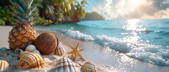 Tropic paradise landscape, summer tourism and beach vacation concept with pineapple, coconuts, and seashells on crystal blue background.