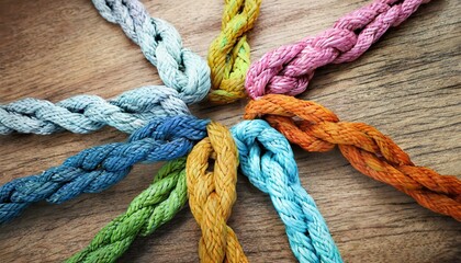 connect partnership together teamwork unity communicate support. Strong diverse network rope team concept integrate braid color background cooperation empower power. - obrazy, fototapety, plakaty