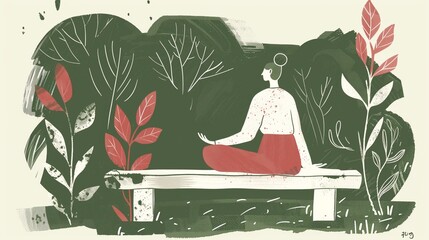 A serene illustration of a person practicing mindfulness meditation, sitting peacefully on a park bench surrounded by the tranquility of nature, embodying a calm and abstract artistic representation.