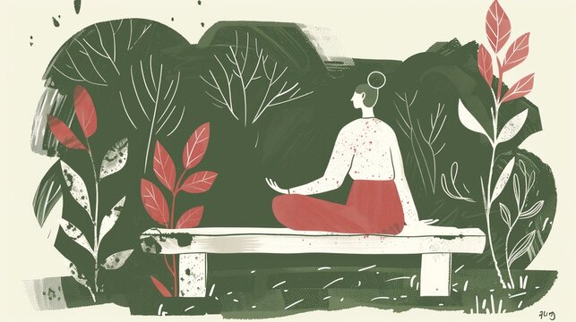 A serene illustration of a person practicing mindfulness meditation, sitting peacefully on a park bench surrounded by the tranquility of nature, embodying a calm and abstract artistic representation.