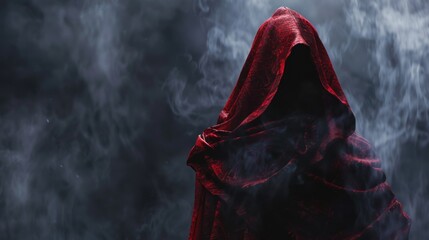 A person in a red cloak standing in front of smoke. Perfect for mystery and suspense concepts - obrazy, fototapety, plakaty