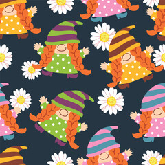 Seamless pattern of Gnome with small white flowers, It's a that looks very cute. Pattern for fabric and wrapping paper, design wallpaper and fashion prints.