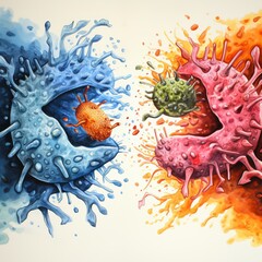 Battle against Salmonella, detailed watercolor, showcasing antibiotics attacking bacteria in a vibrant clash of colors