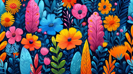 A vibrant tapestry of flowers blooms against a deep, shadowy backdrop, weaving a vivid contrast of...