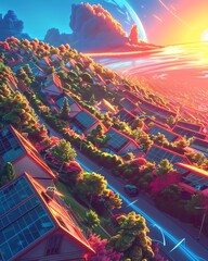 Captivate viewers with a photorealistic digital rendering of a sprawling cityscape, showcasing sustainable urban design Include green rooftops, solar panels, and community gardens - obrazy, fototapety, plakaty