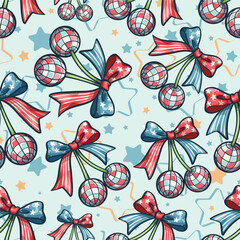 Seamless pattern of disco mirror ball cherry with bow, This illustration has an American Independence Day theme. Pattern for fabric and wrapping paper, design wallpaper and fashion prints.