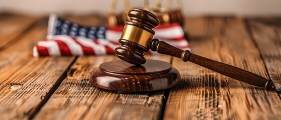 Justice and Freedom: Gavel and Flag. Concept Law and Legislation, Justice System, Civil Rights, Patriotism, Legal Proceedings - obrazy, fototapety, plakaty