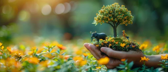 Foto op Plexiglas Conceptual illustration for World Animal Day or Wildlife Day with an elephant, tiger, deer, parrot, and green tree. Environmental protection, nature preservation, protection of endangered species, © Антон Сальников