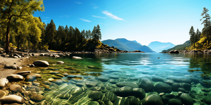 Crystal clear sea waters in a fjord bay surrounded by woodland landscape