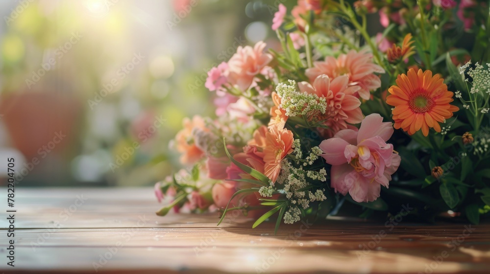 Poster a bunch of flowers on a rustic wooden table. suitable for various occasions and events