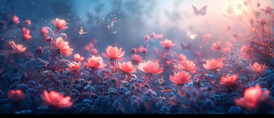 An idyllic and tranquil panoramic scene with a fairytale flower garden with butterflies set against a deep blue night sky, shining stars, and a glowing moon. This is the scene from the fantasy - obrazy, fototapety, plakaty