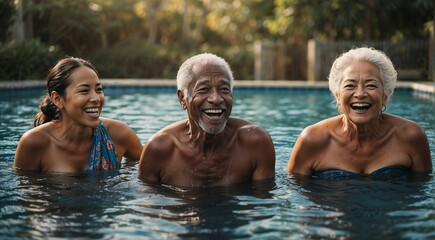 Grandparents from different backgrounds share laughter in the pool with their family.