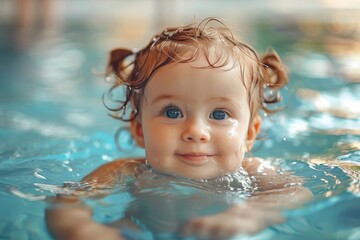 Beautiful little girl learning to swim in the water of the pool, looking at the camera