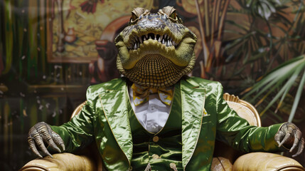 A crocodile in a suit sits in a chair