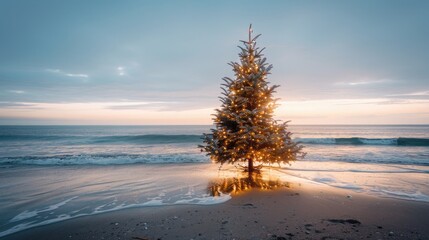 A festive Christmas tree with lights on a sandy beach. Perfect for holiday concepts