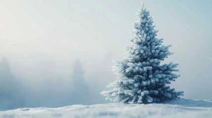 A serene winter landscape with a lone snow-covered tree. Suitable for seasonal backgrounds - Powered by Adobe
