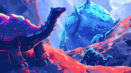 Illustrate a surreal world where robotic creatures roam freely in a harmonious natural habitat Utilize a combination of vibrant colors and detailed textures in a pixel art style to bring this futurist