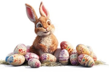 A rabbit sitting in front of a pile of decorated eggs. Perfect for Easter celebrations