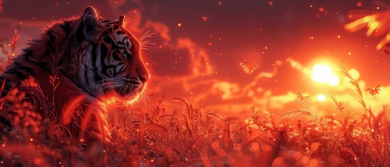Wild animal portrait of pride with beautiful panthera tigris, spectacular sun light, dramatic red cloudy sky. Sunset in jungles with butterflies and palm trees. - obrazy, fototapety, plakaty