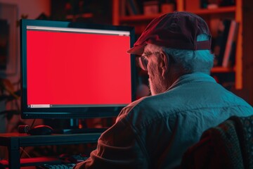 Fototapeta premium Digital mockup over a shoulder of a senior citizen man in front of a computer with an entirely red screen