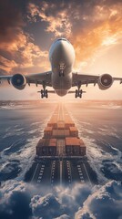 Above a container yard in a container terminal port, an aircraft flies with a vertical mobile wallpaper background. - obrazy, fototapety, plakaty